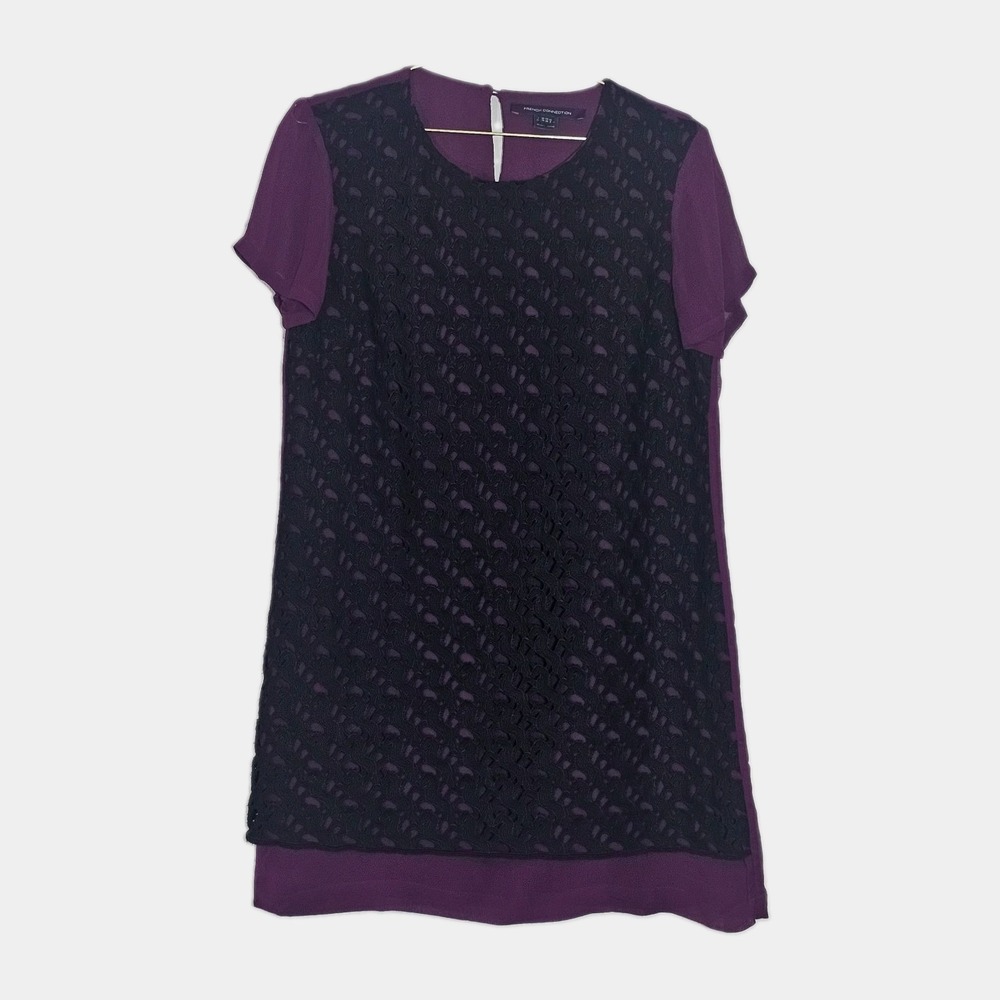 French Connection Horse Lace Shift Tunic Womens Dress Sz 6 Purple/Black